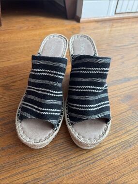 Toms Black & Cream Striped Espadrille Slide
